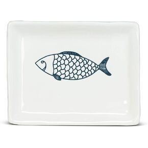 Abbott Collection 27-CORFU-550 Small Rectangle Fish Plate, 1 EA, White/Blue