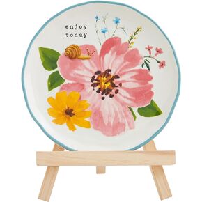 Mud Pie Pink Floral Plate In Easel; assembled 9" x 7"