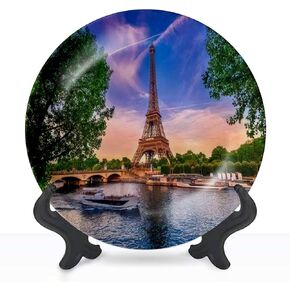 Ceramic Hanging Decorative Plate Paris Eiffel Tower and river Seine at sunset in Paris France Eiffel Wall Plate Ceramic Ornament for Home & Office, Dining, Parties, Wedding Collector Plate