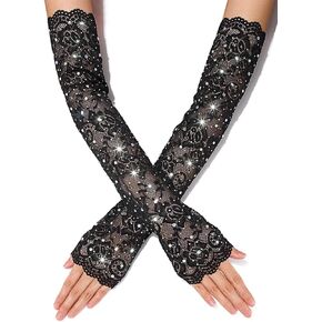 Glitter Rhinestone Long Fingerless Gloves Black Lace Arm Glove Tea Party Accessories for Women