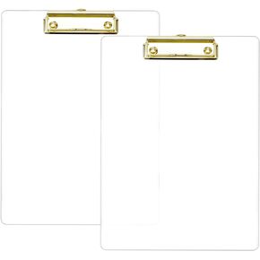 Thick Clear Acrylic Clipboard with Shinny Gold Finish Clip 2 Pack, Durable Stylish Clipboard with Low Profile Clip (2-Pack Rose Gold-Lucency)