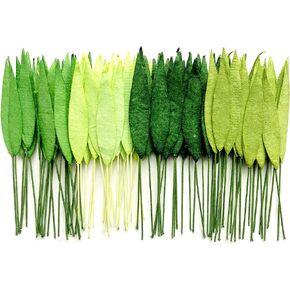 TH 50 pcs. Mixed Tone Green Grass Leaves with Wire Stems 8 mm Mulberry Paper Leaves Craft Supplies Scrap Booking Embellishments for so Many Card Craft Projects