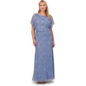 Adrianna Papell Women's Plus Size Beaded Blouson Gown, French Blue