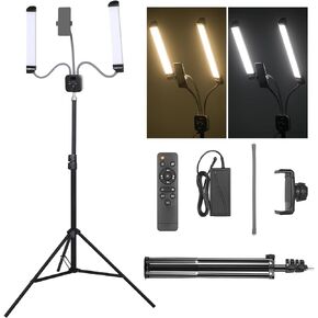 Esthetician Light AMBITFUL AL-20 with Phone Holder Double Arms Beauty Light 3000K-6000K with Adjustable Tripod Stand,Remote Control，LCD Screen for Makeup,Manicure,Tattoo,Live Streaming