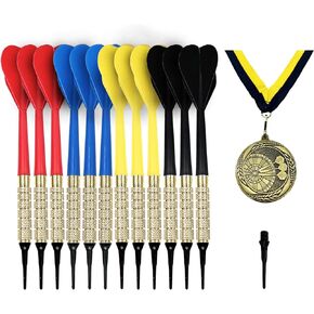 Gold Medal Prize Bundle with Arachnid Dart Set - Set of 12 with Extra 100 Tips Softtip Darts with Plastic Flights, Brass Barrel and 1/4" Replaceable Tip