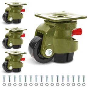 Leveling Casters Wheels, Heavy Duty Workbench Casters with Ratchet Arm 2200 LBS, Green Retractable Casters Set of 4, Nylon Wheels & Leveling Feet, Suitable for Equipment, Workbench