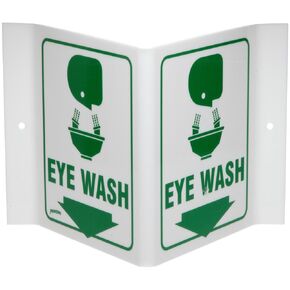 Brady V1EW03A 6" Height, 9" Width, 4" Depth Acrylic Green On White Color Standard "V" Sign Legend "Eye Wash (With Picto)"