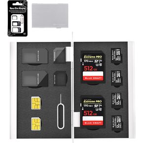 BLUECRAFT SIM/SD Card Holder 2 in 1 Case, Max. Capacity of 12 Slots, 2 SIM＋2 Micro SIM＋2 Nano SIM＋2 SD＋4 Micro SD, Slim Aluminum Case with SIM Card adapters and Removal Ejector Pin Tool (Black)
