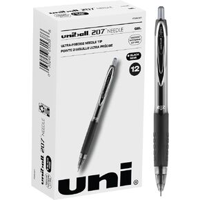 أقلام جل Uni-ball® 207™ لمنع الاحتيال قابلة للسحب، برأس إبرة، 0.7 مم، أسطوانات سوداء شفافة، حبر أسود، عبوة مكونة من 12 قلمًا