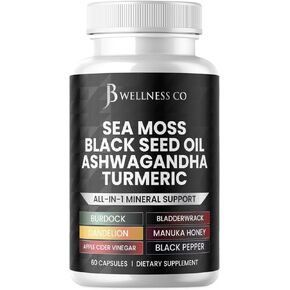 Sea Moss 3000mg Black Seed Oil 2000mg Ashwagandha 1000mg Turmeric 1000mg Bladderwrack 1000mg Burdock 1000mg & Vitamin C Vitamin D3 with Elderberry Manuka Dandelion Yellow Dock Iodine- 60 Count