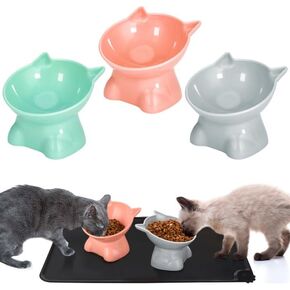 3 Pcs Raised Cat Bowls 15° Elevated Cat Food Bowls Tilted Cat Bowls with Silicone Pet Food Mat Anti Vomiting Cat Dishes Pet Food and Water Bowls for Indoor Cats and Small Dogs(3 Colors)