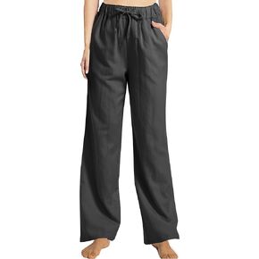 Women's Drawstring Elastic Waist Wide Leg Cotton Linen Yoga Long Pants