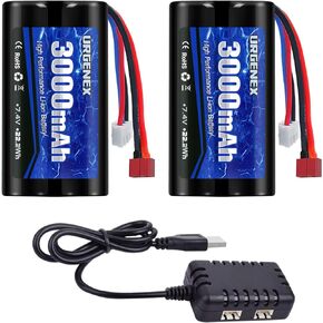 URGENEX 3000mAh 7.4 V Li-ion Battery with Deans T Plug 2S Rechargeable RC Battery Fit for WLtoys 4WD High Speed RC Cars and Most 1/10, 1/12, 1/16 Scale RC Cars Trucks with 7.4V Battery Charger