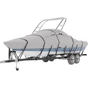 Tuszom 900D 100% Waterproof Ski & Wakeboard Tower Boat Cover Tear-Proof Trailerable Full Size Boat Cover with Ski Or Wakeboard Towers and Motor Cover (Gray,20'-22'L, Beam Width to 106" W)