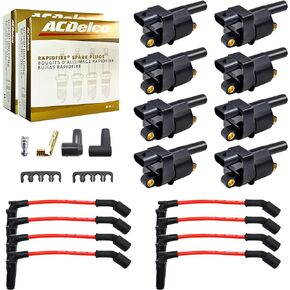 MAS Set of 8 Ignition Coils Pack & Platinum Spark Plugs & Wires Set Compatible with Chevrolet Cadillac GMC Suburban Express Silverado CTS Sierra Savana Camaro Avalanche Colorado Replacement for UF414