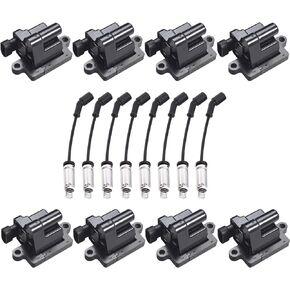 ENA 8 Pack D581 UF271 Square Ignition Coils and 748EE Spark Plug Wires Set Compatible with Cadillac Chevy GMC Escalade Silverado Avalanche Express Savana Suburban Tahoe Sierra 4.8L 5.3L 6.0L 8.1L