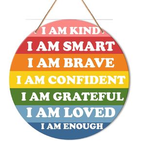 Muktoujaumai Nursery Affirmations Wall Decor, Inspirational Nursery Hanging Sign Decor Rainbow Wall Decoration Wood Sign for Kids Bedroom, Playroom, Classroom, I Am Kind Smart