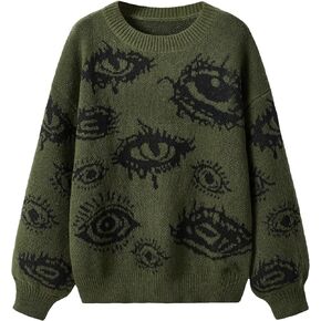 Floerns Women's Grunge Punk Eye Print Long Sleeve Drop Shoulder Sweaters Top