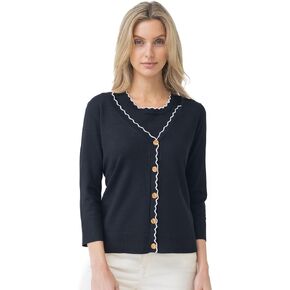 Cable & Gauge Women's 3/4 Sleeve Crew Neck Scallop Trim Cardigan Sweater