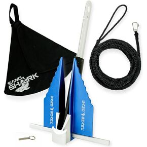 مجموعة مرساة SandShark Premium Mini Fluke Jet Ski - PWC، وكاياك ومرساة قارب صغيرة - مثالية للرمل والشاطئ والمياه الضحلة - صغيرة وخفيفة الوزن وسهلة التخزين. 3 رطل. ث/جراب وخط بنجي