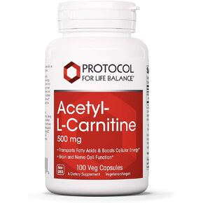 Protocol Acetyl-L-Carnitine 500mg - Supports Energy, Brain & Mitochondrial Health* - Brain Pills - Amino Acid - Made Without Gluten, Non-GMO, Vegan - 100 Veg Caps