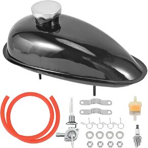 Upgrade Metal Fuel Gas Tank with Petcock Cap for 49cc 50cc 60cc 66cc 80cc Engine Motorized Bicycle Black Bike Motor Powersports Oil Tanks (2L/0.53Gallons)