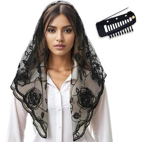 Black Floral Chapel Veil Lace Prayer Shawl Veil Flower Embroider Black Head Scarf Mass Mantilla First Communion Veils for Church and Non-Slip Chunni Clips Set