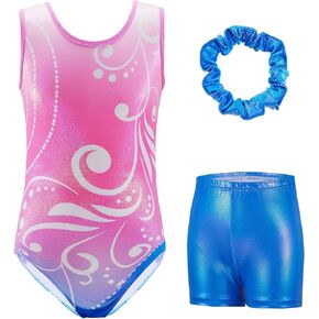 Gymnastics Leotards for Girls Sparkly Shiny Ballet Dance Unitards with Shorts Biketards Practice Activewear Size 5-12