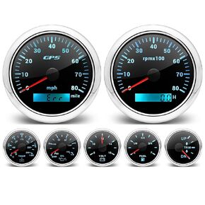 ARTILAURA 7 Gauge Set 3-3/8" 85mm GPS Speedometer, Tachometer, 2-1/16" Fuel Level Gauge, Water Temperature Gauge, Oil Pressure Gauge, Volt, Trim 7 Color Car Boat Gauge Set(White)