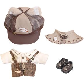 niannyyhouse 10cm 15cm 20cm Doll Clothes Brown Hat Shirt Strap Pants Shawl Vest Leather Shoes Vintage Detective Suit Soft Plush Toy Dress Up (20cm)