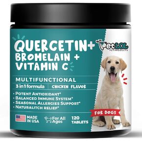 Quercetin for Dogs with Bromelain and Vitamin C | 3-in-1 Supplement for Dog Allergies, Immune Support, Itch Relief, Promote Inflammatory Relief & Antioxidant Activity | 120 Chewable Tablets