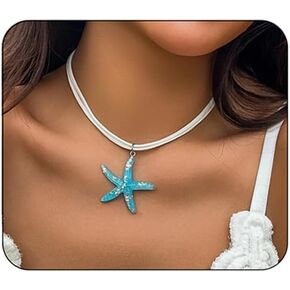 Starfish Fringe Necklace,Boho Layered Starfish Pendant Choker White Velvet Necklace Summer Beach Necklaces Jewelry for Women