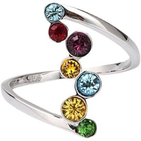 925 Sterling Silver Six Stone Ring Inlay Colorful Round AAA Cubic Zirconia CZ Natural Rainbow Gemstone Eternity Jewelry Gift Rings Band for Women