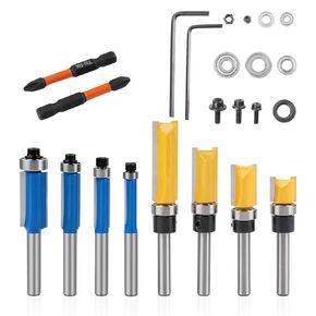10PCS Router Bits, Including 4 Flush Trim Router Bits 1/4 Shank, 4 Pattern Flush Trim Router Bits with 2 Impact Magnetic Bits, 6 Bearings, 2 Wrenches, Tools for Woodworking Trimming Shavings