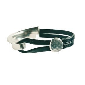 Designed By Stacey Handmade Genuine Black Leather Cuff, Unique Stackable Bangle Bracelet, Hammered Silvertone Metal Jewelry, Gifts for Women, Birthday, Anniversary, Mother's Day