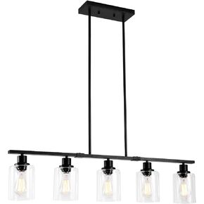 39.4" Kitchen Island Lighting, 5 Lights Clear Glass Pendant Light Fixtue, Chrome Linear Metal Chandelier for Dining&Living Room Foyer,Height Adjustable,E26 Socket