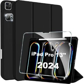Protective Case for New iPad Pro 13 Inch 2024, Soft TPU Silicone Anti-Scratch Anti-Drop with Pencil Holder (Case+ Screen Protector+Camera Lens Protector) Black