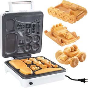 Auto Body Shop Waffle Maker for Fathers Day Fun- Make Custom Shaped Cars Trucks or Vehicles Out of WAFFLES! Mix & Match Wheels & Engine for Kid Breakfast- Nonstick w 4 Removable Dishwasher Safe Plates