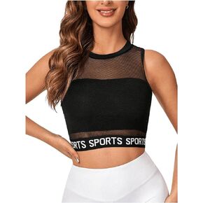 سترة رياضية نسائية من SweatyRocks بطباعة حروف شبكية شفافة بدون أكمام ورقبة مستديرة وقصّة علوية لليوجا أسود متوسط