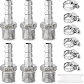 Stainless Steel 3/8" Hose Barb to 3/8" Male NPT Barbed Hose Fittings, 3/8" Barb x 3/8" NPT Male Pipe Air Hose Repair Kit Barbed Adapter Connector with Hose Clamp, 13PCS