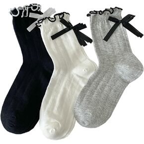 Womens Bow Socks Ruffle Casual Crew Black Whitte Soft Breathable Cotton 4 Pairs Socks