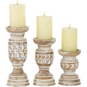 Deco 79 Wood Handmade Candle Holder with Carved Designs, Set of 3 6", 8", 10"H, Beige