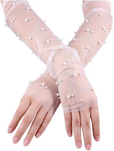 White Lace Sheer Gloves Long Tulle Bridal Wedding Gloves with Pearl Summer Fingerless Gloves for Women Girls in Saudi Arabia