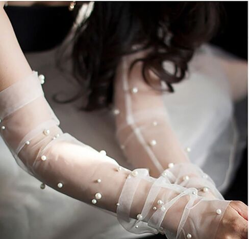White Lace Sheer Gloves Long Tulle Bridal Wedding Gloves with Pearl Summer Fingerless Gloves for Women Girls in Saudi Arabia