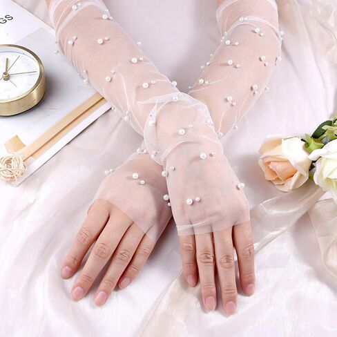 White Lace Sheer Gloves Long Tulle Bridal Wedding Gloves with Pearl Summer Fingerless Gloves for Women Girls in Saudi Arabia