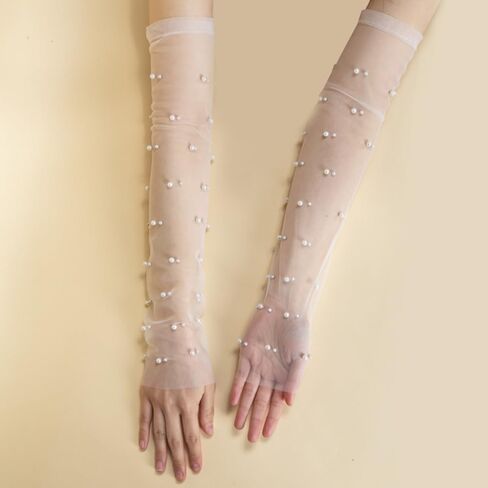 White Lace Sheer Gloves Long Tulle Bridal Wedding Gloves with Pearl Summer Fingerless Gloves for Women Girls in Saudi Arabia