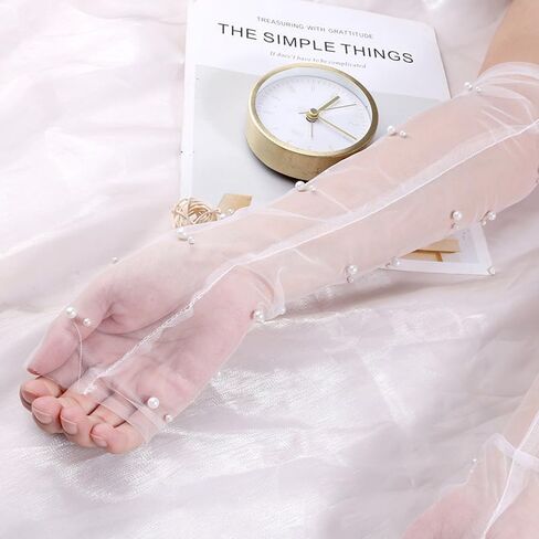 White Lace Sheer Gloves Long Tulle Bridal Wedding Gloves with Pearl Summer Fingerless Gloves for Women Girls in Saudi Arabia