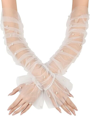 White Lace Sheer Gloves Long Tulle Bridal Wedding Gloves with Pearl Summer Fingerless Gloves for Women Girls in Saudi Arabia