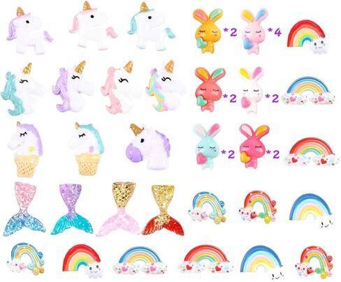 40pcs Flatback Slime Charms Beads Supplies Assorted Unicorn Mermaid Tail Rainbow Animals Rabbit Resin Buttons for DIY Craft Scrapbooking Ornament,Phone case Hair Clip Jewelry Accessory in Kuwait
