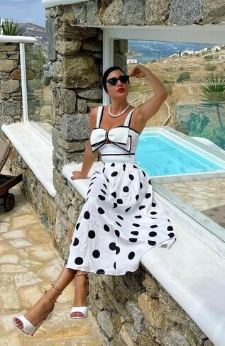 FLAXMAKER Black and White Bow-tie Decor Women's with Beach Cover up Polka dot Print Skirt Swimsuit and Skirt (US, Alpha, Large, Regular, Regular, Swimsuit and Skirt) in Kuwait